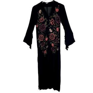 T Rose Floral Embroidered Duster Kimono Dress Black Pink Medium Sheer Ruffles
